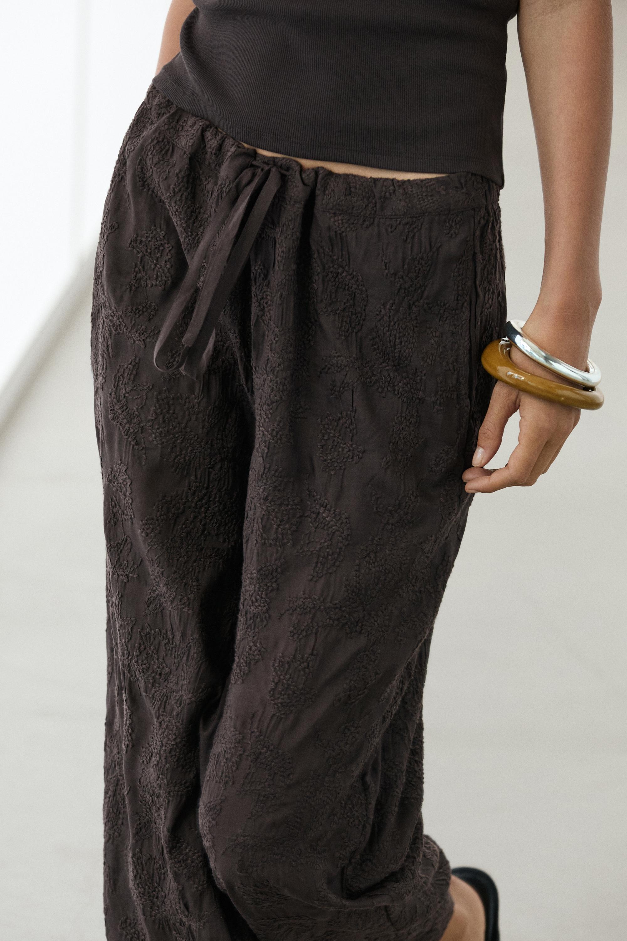 Embroidered flowing barrel fit trousers